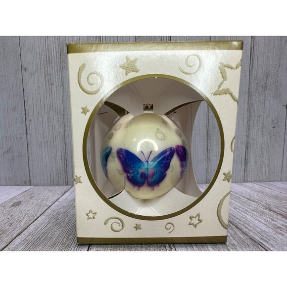 Vtg Vallow LLC Christmas Blown Glass Ball Ornament Butterfly Design Box 2" DIA - Picture 4 of 6